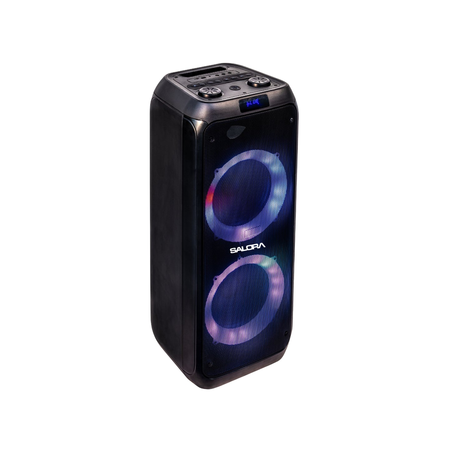 SALORA 120 Watts Party Speaker (SEPS-25120) with 2 Wireless Mics, Up to 8 hrs Playtime, Karaoke & Recording Function, TWS – Pair 2 Speakers, Bluetooth, USB, AUX, TF Card, RGB Lights, EQ Control & Remote Control (Black)