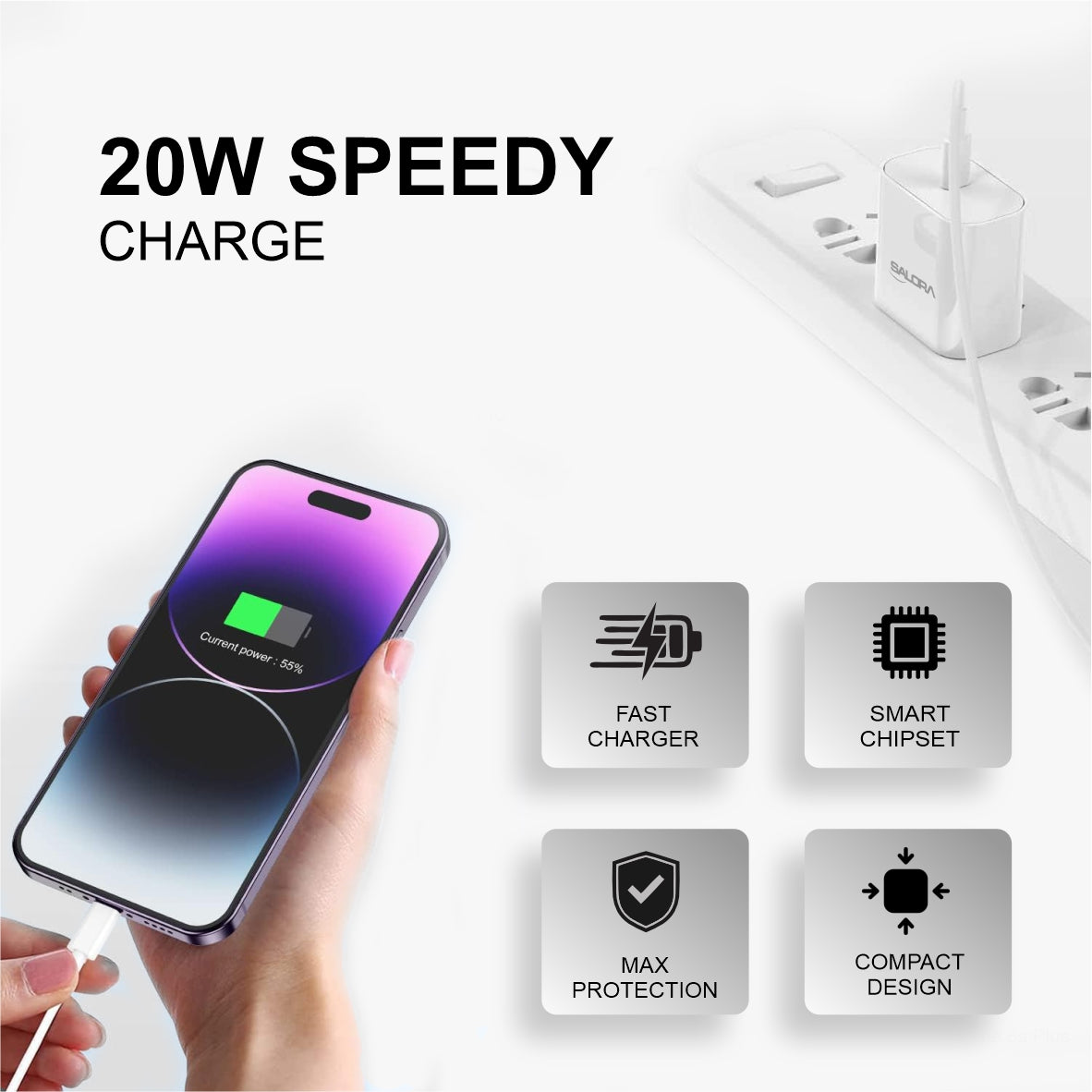 Salora SSC-109 20W PD All in one charger for Android, iPhone 13/13 Pro/13 Pro Max/13 Mini, 12/12 Mini/ 12 Pro Max, iPhone 11 Series | USB-C 20 Watt Original Fast Charging Adaptor.