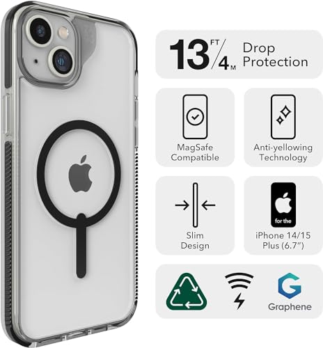 ZAGG Santa Cruz Snap Protective Case for Apple iPhone 15/iPhone 14/iPhone 13, Slim Design, Wireless Charging, MagSafe, Graphene, Enhanced Grip, Recycled Materials, 13ft Drop Protection, Clear