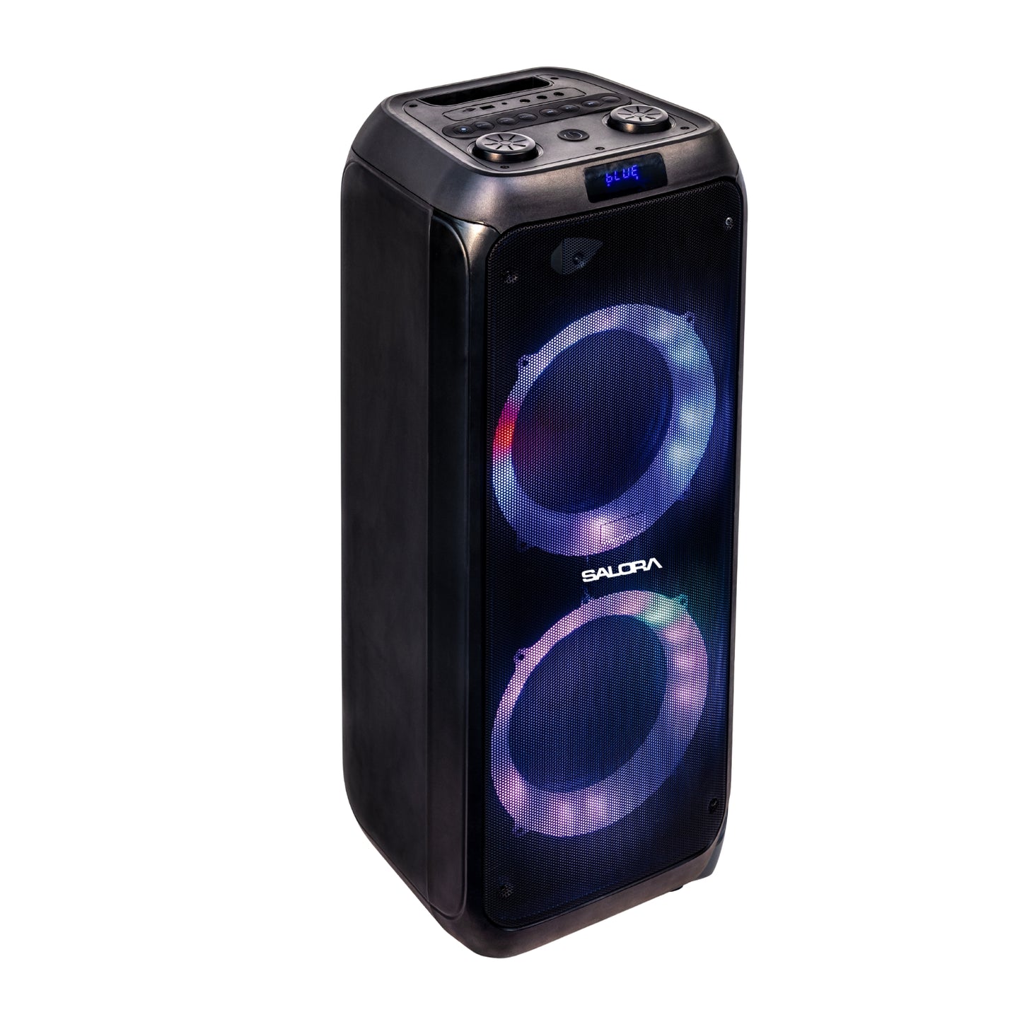 SALORA 150 Watts Party Speaker (SEPS-25150) with 2 Wireless Mics, Up to 10 hrs Playtime, Karaoke Function, TWS – Pair 2 Speakers, Bluetooth, USB, AUX, TF Card, RGB Lights, EQ Control & Remote Control (Black)