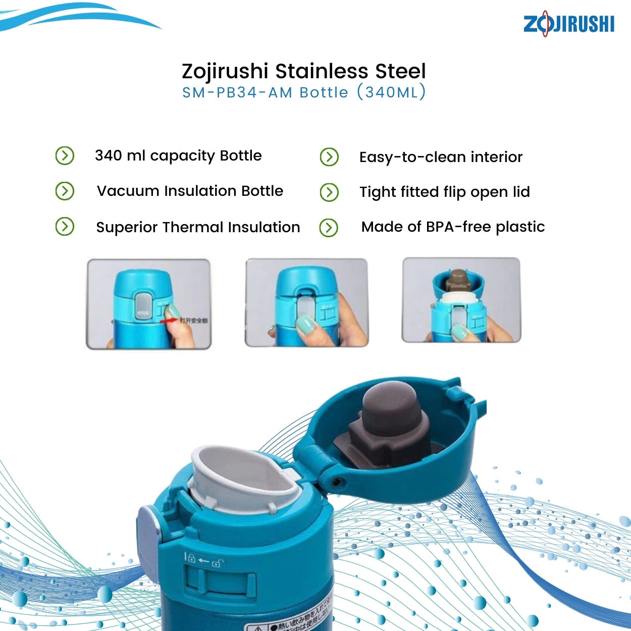 Zojirushi Stainless Steel Vacuum Bottle, 340ml, Marine Blue (SM-PB34-AM)