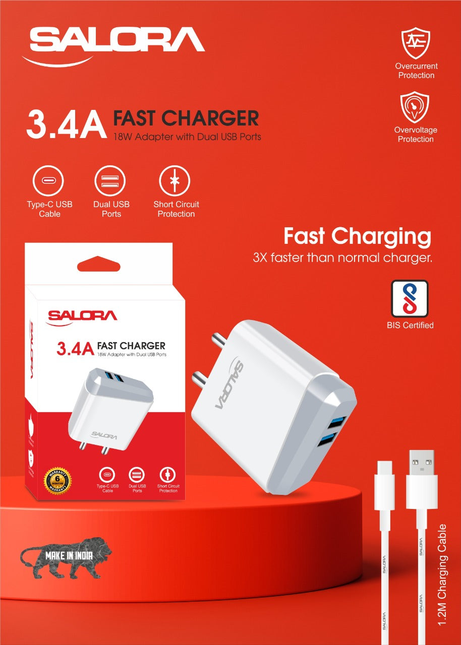 SALORA SSC-105, 3.4A Dual USB 18W Adapter with 1.2 Meter Type C Cable