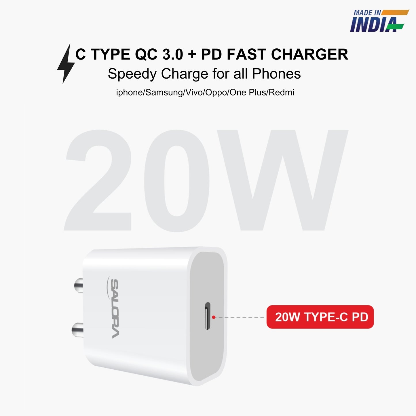 Salora SSC-109 20W PD All in one charger for Android, iPhone 13/13 Pro/13 Pro Max/13 Mini, 12/12 Mini/ 12 Pro Max, iPhone 11 Series | USB-C 20 Watt Original Fast Charging Adaptor.