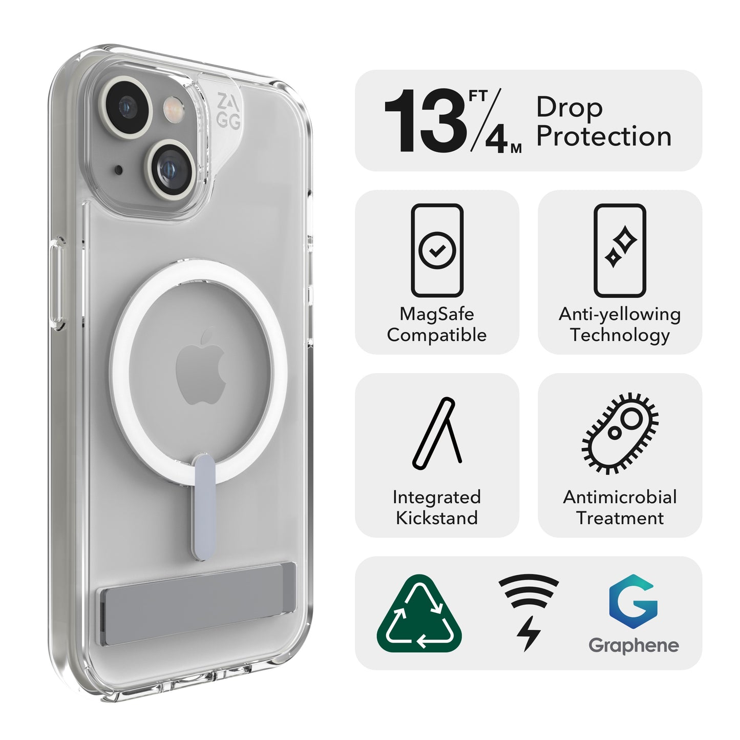 ZAGG Crystal Palace Snap iPhone Case w/h Built-in Kickstand - Drop Protection (13ft/4m), Durable Graphene, Anti-Yellowing, and Scratch-Resistant MagSafe Phone Case
