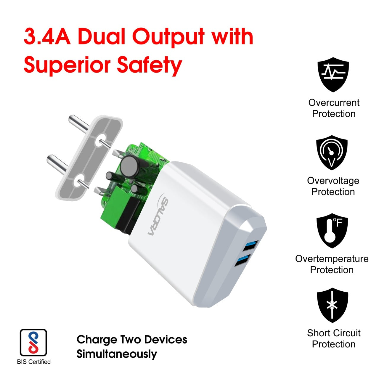 SALORA SSC-105, 3.4A Dual USB 18W Adapter with 1.2 Meter Type C Cable