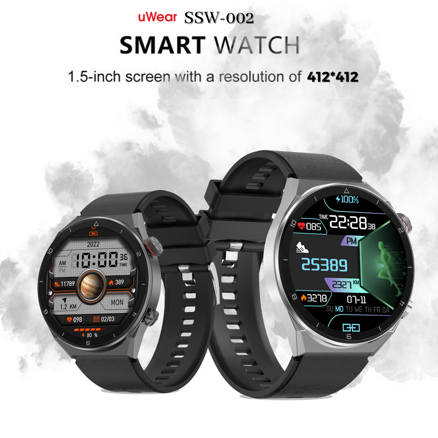 Salora uWear SSW-002 Smartwatch with 1.5” Round Display, Multiple Watch Faces, Heart & SpO2 Monitoring, 21 Sports Modes, Sleep Monitor, Waterproof & 5 Days Battery