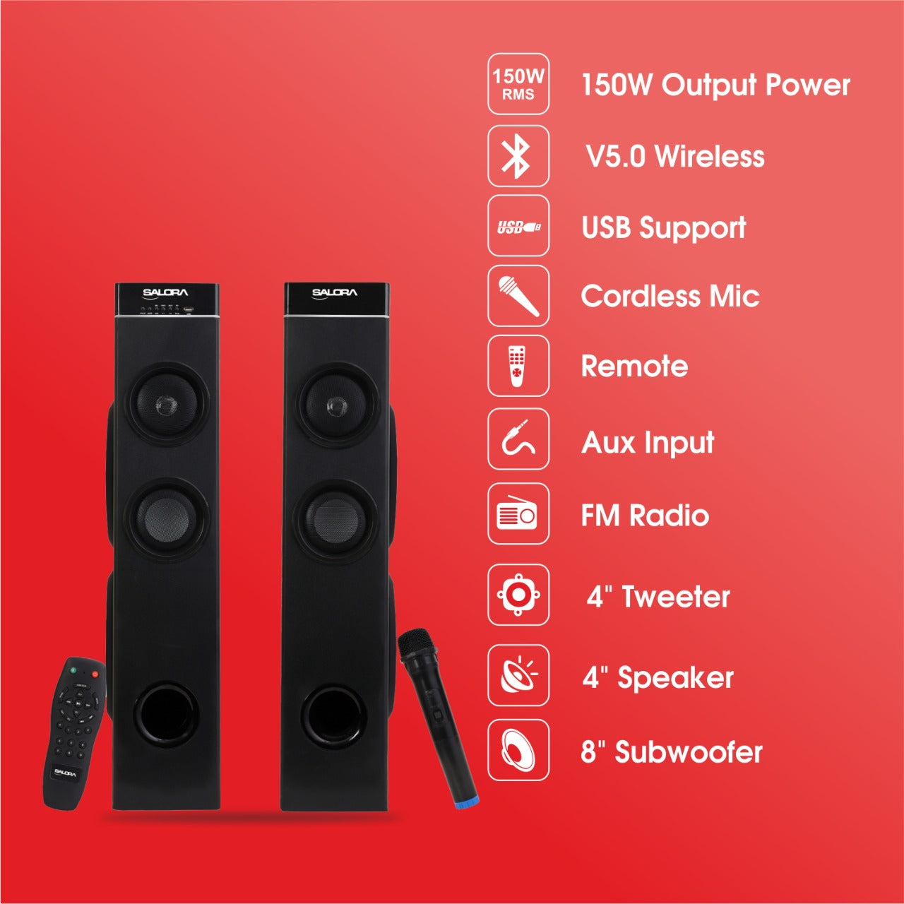 Salora SST32150W 32" Twin Tower 150W Bluetooth Speaker with Cordless MIC | Karaoke support