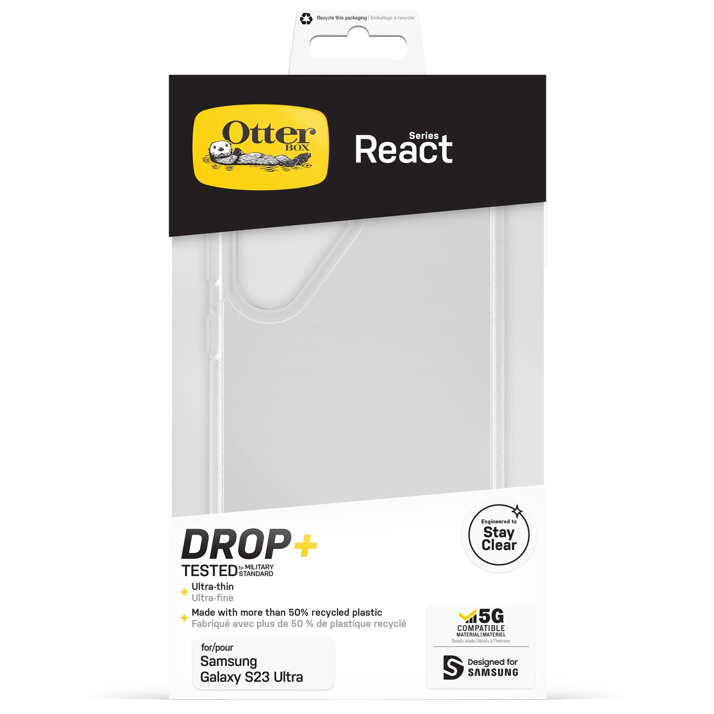 OtterBox React Series Case for Galaxy S23 Ultra, Shockproof, Drop Proof, 3X Tested to Military Standard, Clear