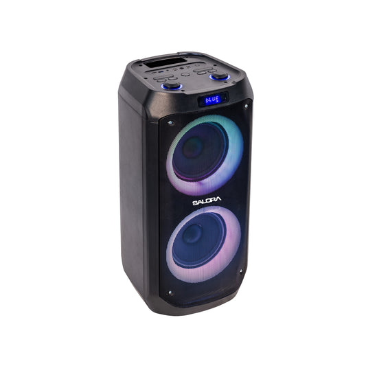SALORA 120 Watts Party Speaker (SEPS-25120) with 2 Wireless Mics, Up to 8 hrs Playtime, Karaoke & Recording Function, TWS – Pair 2 Speakers, Bluetooth, USB, AUX, TF Card, RGB Lights, EQ Control & Remote Control (Black)