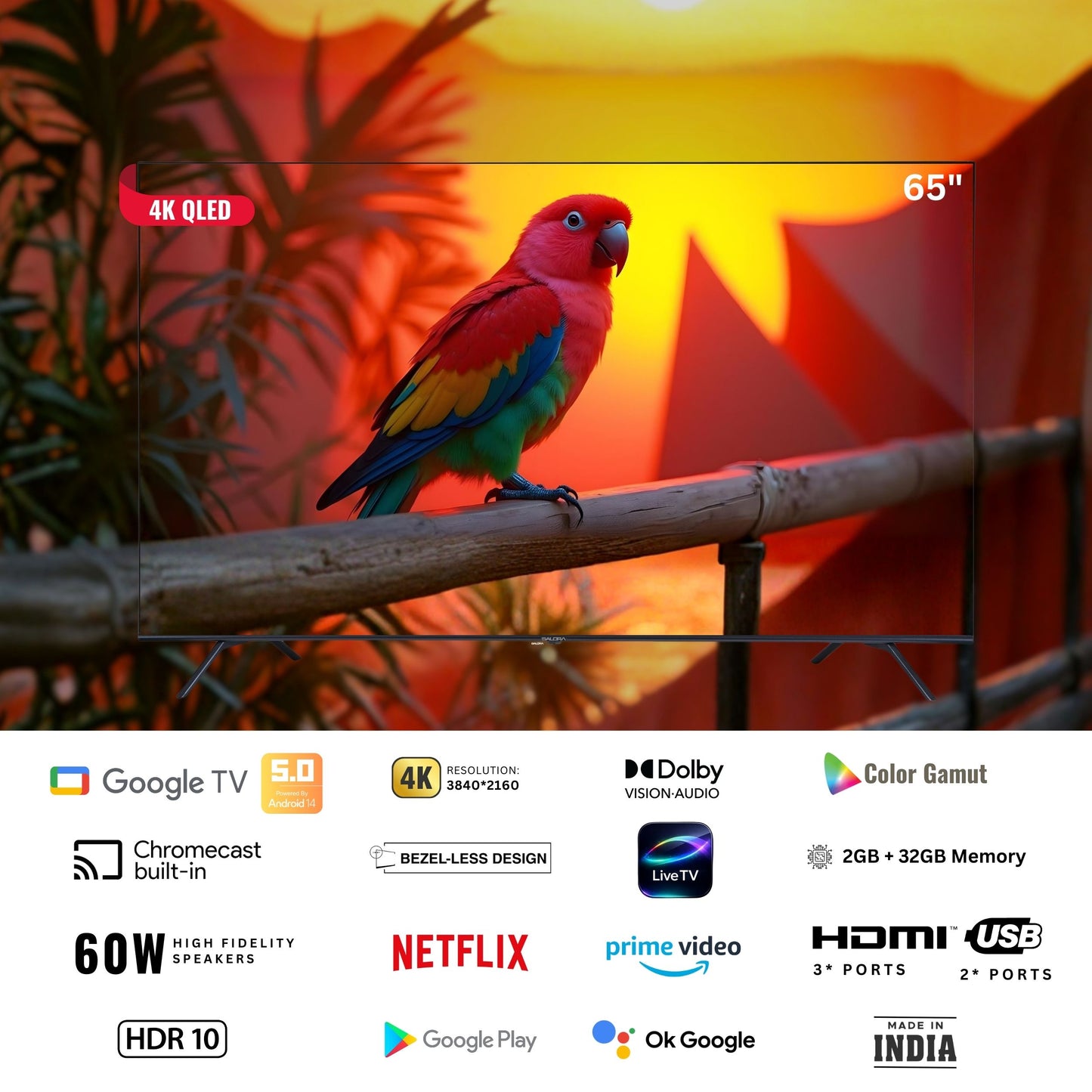 Salora 164 cm (65 inches) QLED 4K QLED Smart Google TV (OS Version: 5.0), SLV-3655 QGTV (Black)