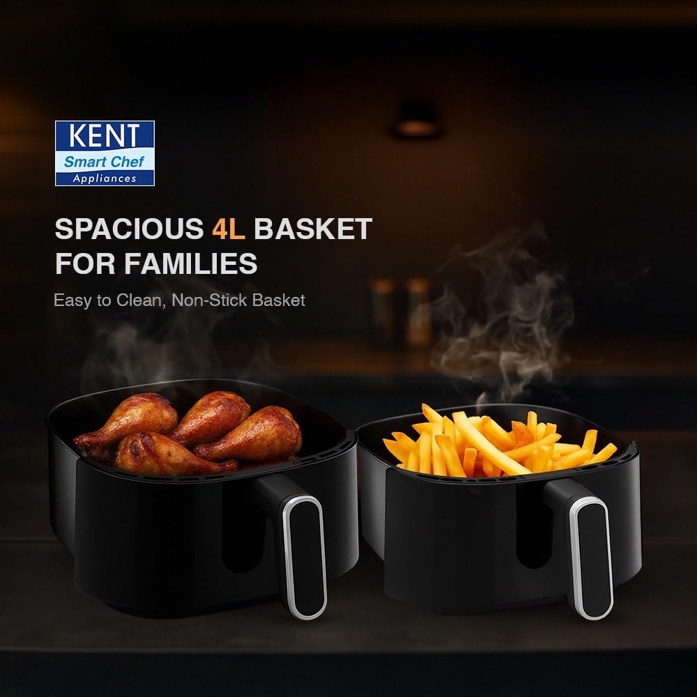 KENT Classic Hot Air Fryer 4L 1300 W | 80% Less Oil | Instant Electric Air Fryer | Auto Cut Off | Fry, Grill, Roast, Steam, and Bake | 1 Year Warranty | Black