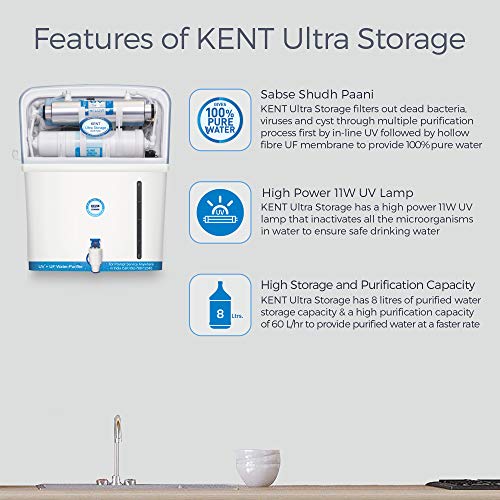 KENT Ultra Storage UV Water Purifier (11042) | UV+UF Water Purification | Wall Mountable | 8L Storage | 60 L/hr Output