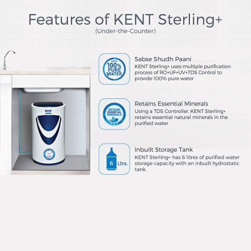 KENT Sterling Plus RO Water Purifier | 4 Years Free Service | ISI Marked | Multiple Purification Process |RO + UV + UF + TDS Control | 6L Tank | 20 LPH Flow | Under the Counter