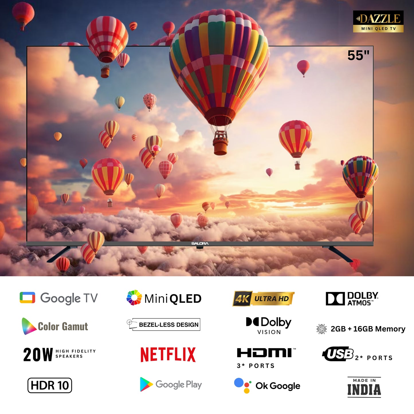 Salora 139 Cm (55 Inches) MINI QLED 4K Ultra HD Smart Google TV, SLV-3556 MINI QGTV (Black)