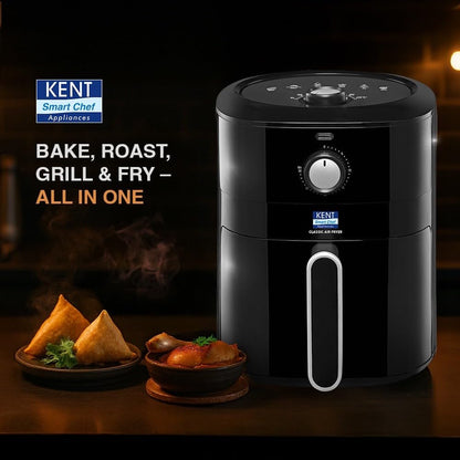 KENT Classic Hot Air Fryer 4L 1300 W | 80% Less Oil | Instant Electric Air Fryer | Auto Cut Off | Fry, Grill, Roast, Steam, and Bake | 1 Year Warranty | Black