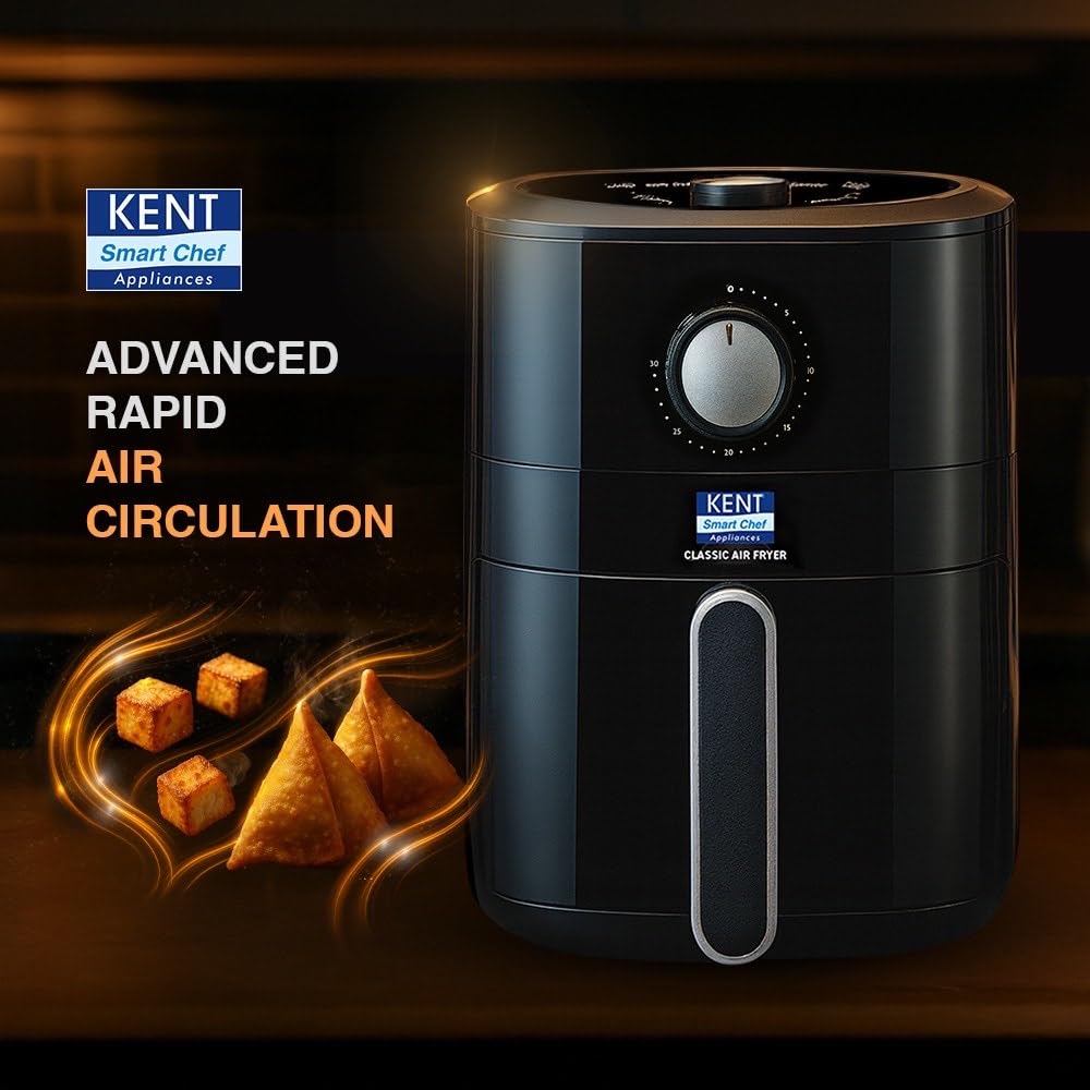 KENT Classic Hot Air Fryer 4L 1300 W | 80% Less Oil | Instant Electric Air Fryer | Auto Cut Off | Fry, Grill, Roast, Steam, and Bake | 1 Year Warranty | Black