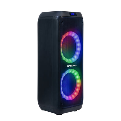 SALORA 150 Watts Party Speaker (SEPS-25150) with 2 Wireless Mics, Up to 10 hrs Playtime, Karaoke Function, TWS – Pair 2 Speakers, Bluetooth, USB, AUX, TF Card, RGB Lights, EQ Control & Remote Control (Black)