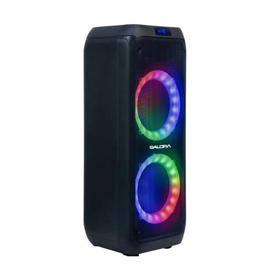 SALORA 150 Watts Party Speaker (SEPS-25150) with 2 Wireless Mics, Up to 10 hrs Playtime, Karaoke Function, TWS – Pair 2 Speakers, Bluetooth, USB, AUX, TF Card, RGB Lights, EQ Control & Remote Control (Black)