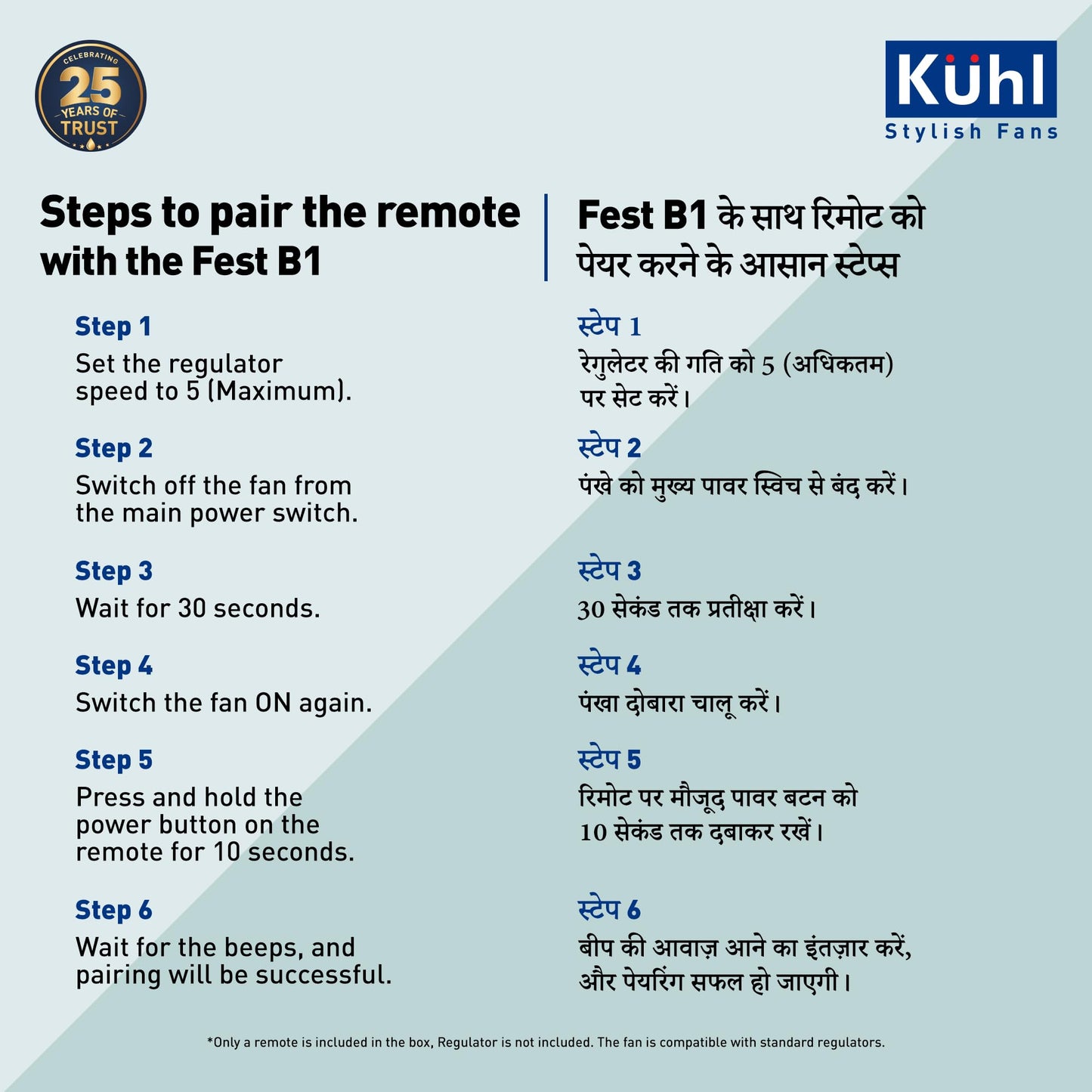 KUHL Fest B1 1200mm BEE 5-Star BLDC Ceiling Fan | 28W Energy Saving (Up to 65%) | High Airflow & Low Noise | Remote as well as Regulator Operated | 5 Year Motor Warranty | ISI Marked