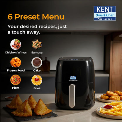 KENT Digi Plus Air Fryer | 4L Capacity & 1300W | Fry, Grill, Roast & Bake | Digital Display & Touch Control Panel | Rapid Heating | 80% Less Oil Usage | High Temperature & Uniform Heating | Black