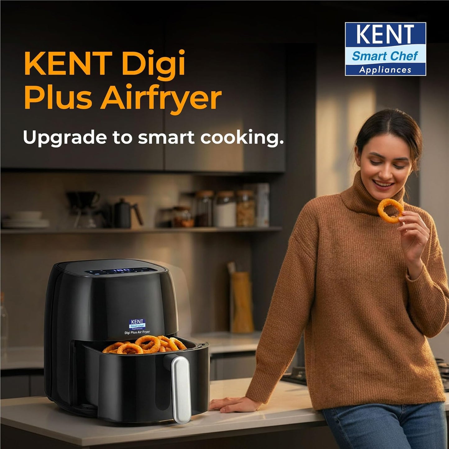 KENT Digi Plus Air Fryer | 4L Capacity & 1300W | Fry, Grill, Roast & Bake | Digital Display & Touch Control Panel | Rapid Heating | 80% Less Oil Usage | High Temperature & Uniform Heating | Black