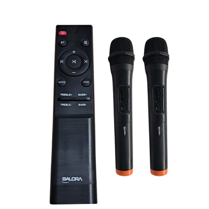 SALORA 150 Watts Party Speaker (SEPS-25150) with 2 Wireless Mics, Up to 10 hrs Playtime, Karaoke Function, TWS – Pair 2 Speakers, Bluetooth, USB, AUX, TF Card, RGB Lights, EQ Control & Remote Control (Black)