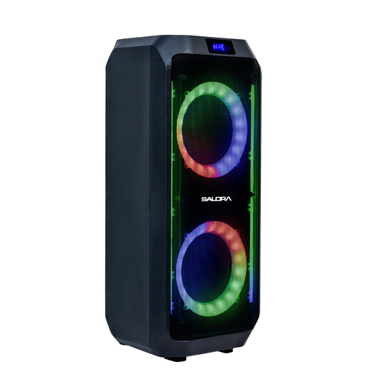 SALORA 200 Watts Party Speaker (SEPS-25200) with 2 Wireless Mic, Upto 11 hrs Playtime, Karaoke & Recording Function,TWS-Pair 2 Speakers, Bluetooth, USB, AUX, TF Card, RGB Lights, EQ Control, Remote Control (Black)