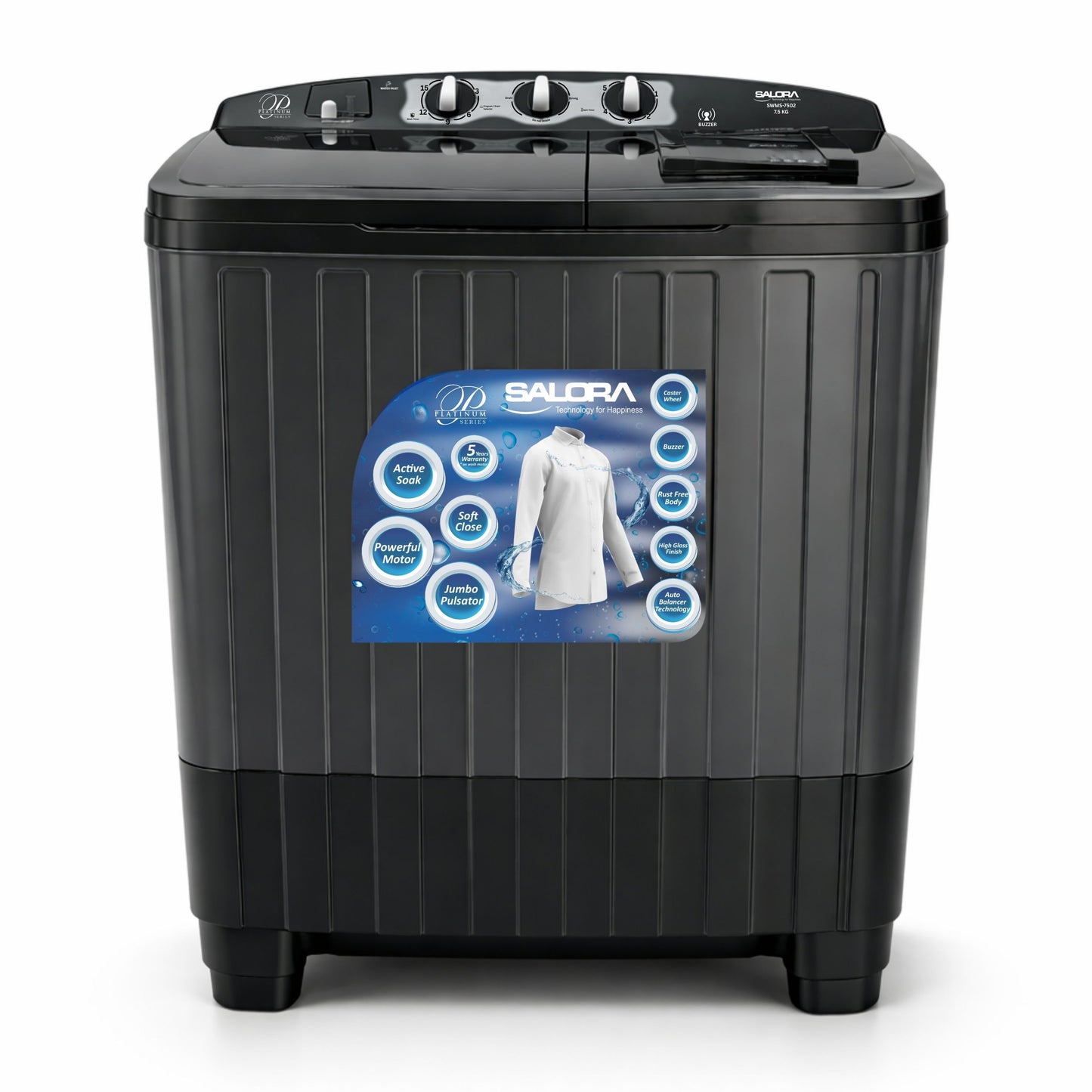 Salora 7.5 KG Semi-automatic Top Loading washing machine, SWMS-7502 BLK (Black)