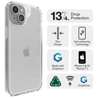 ZAGG Crystal Palace Protective Case for Apple iPhone 15 Plus/iPhone 14 Plus, Slim Design,13ft Drop Protection, Wireless Charging, Graphene, Enhanced Grip, Clear