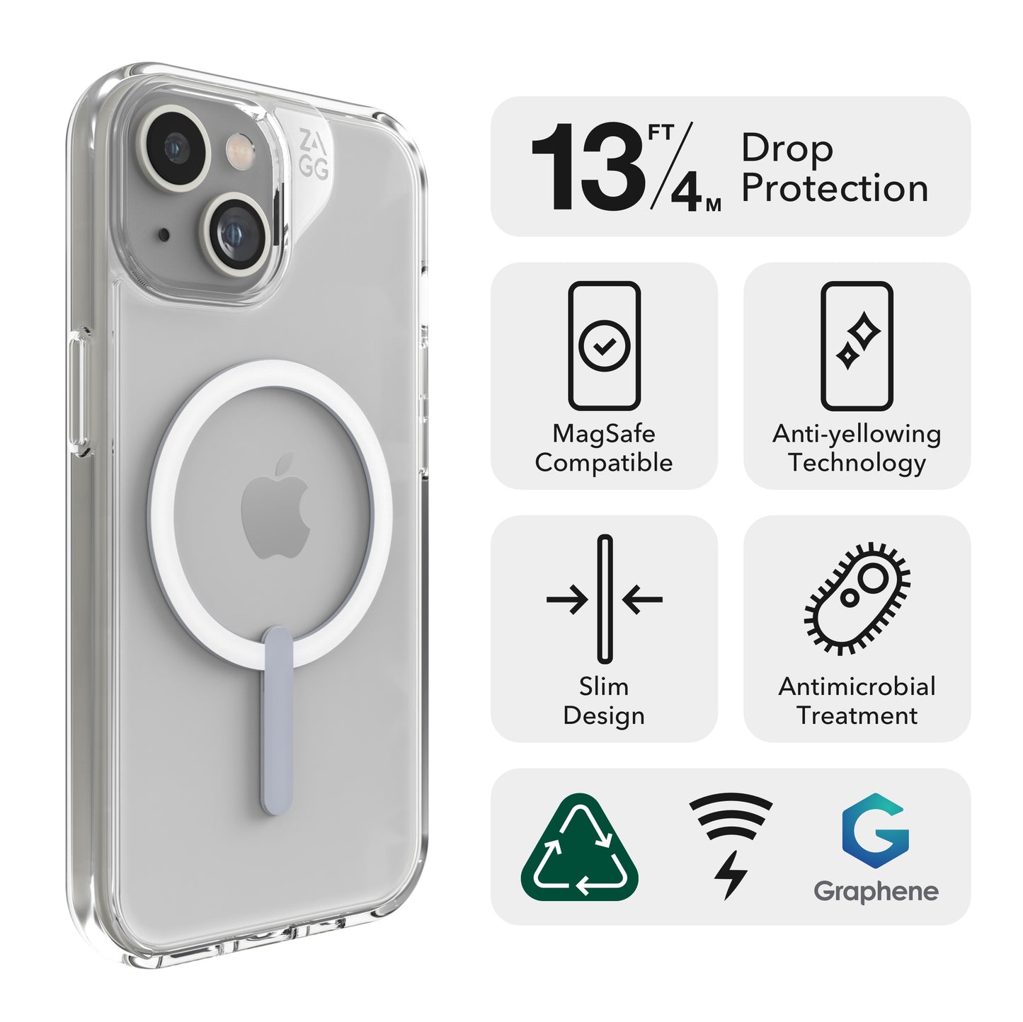 ZAGG Crystal Palace Protective Case for Apple iPhone 15/iPhone 14/iPhone 13, MagSafe, 13ft Drop, Wireless Charging, Graphene, Enhanced Grip, Clear