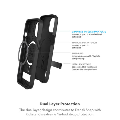 ZAGG Denali Snap iPhone 15 Case with Kickstand for Phone - Drop Protection (16ft/5m), Dual Layer Textured Cell Phone Case for iPhone 15, No-Slip Design, MagSafe Phone Case Black