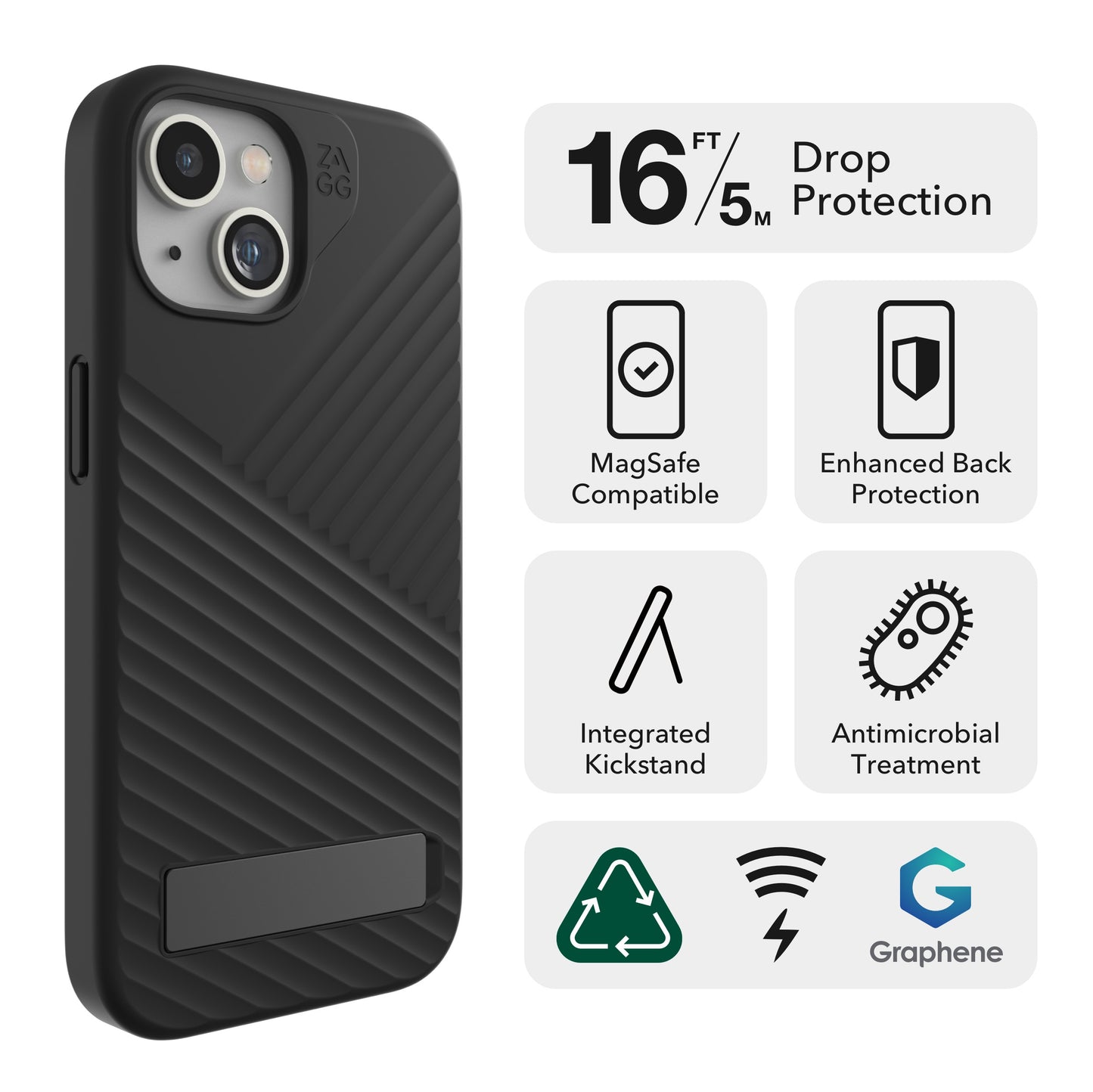 ZAGG Denali Snap iPhone 15 Case with Kickstand for Phone - Drop Protection (16ft/5m), Dual Layer Textured Cell Phone Case for iPhone 15, No-Slip Design, MagSafe Phone Case Black