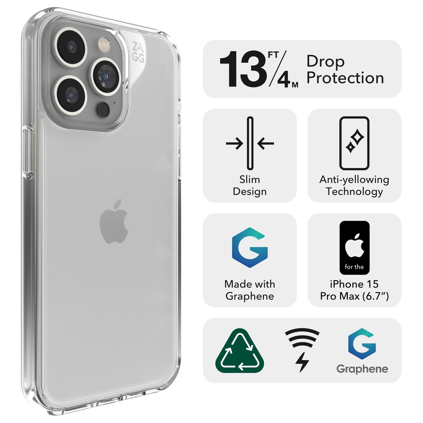 ZAGG Crystal Palace Protective Case for Apple iPhone 15 Pro Max, Slim Design,13ft Drop, Wireless Charging, Graphene, Enhanced Grip, Clear