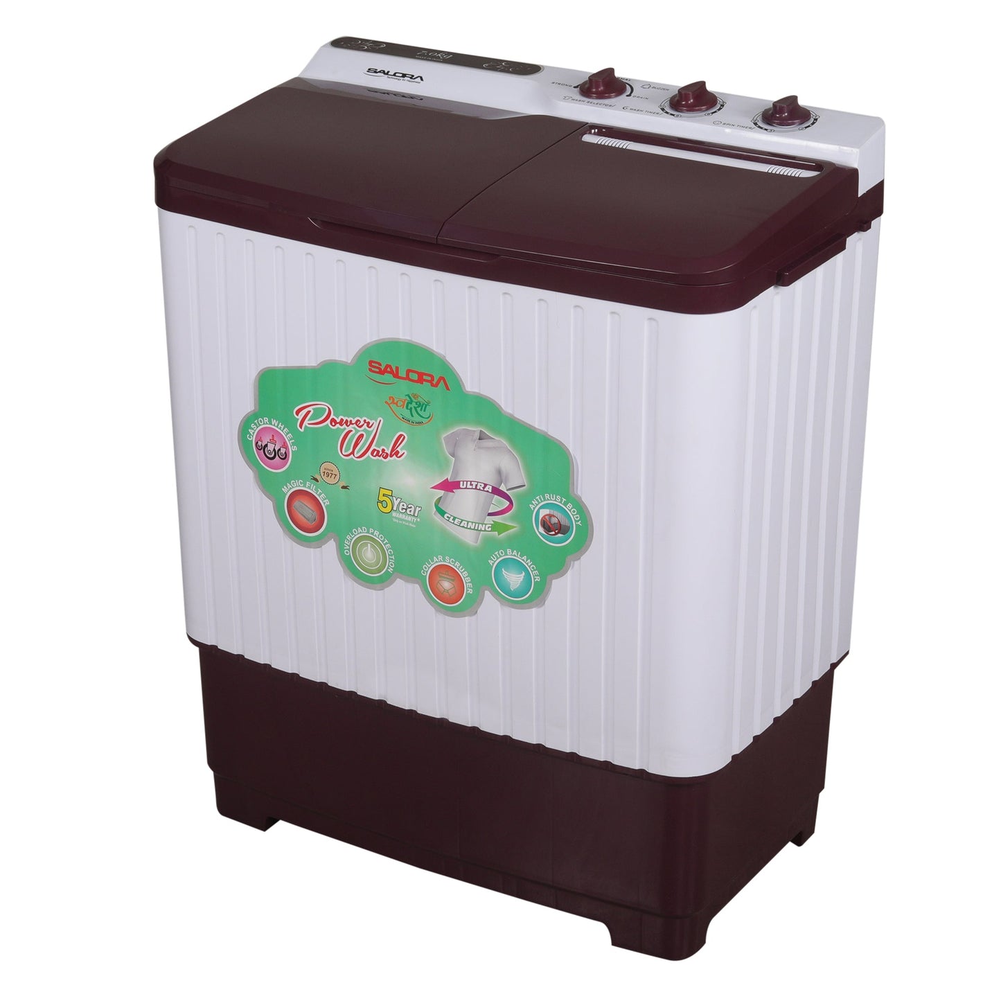 Salora 7.0 Kg Semi-Automatic Top Loading Washing Machine (SWMS7003, Burgundy )