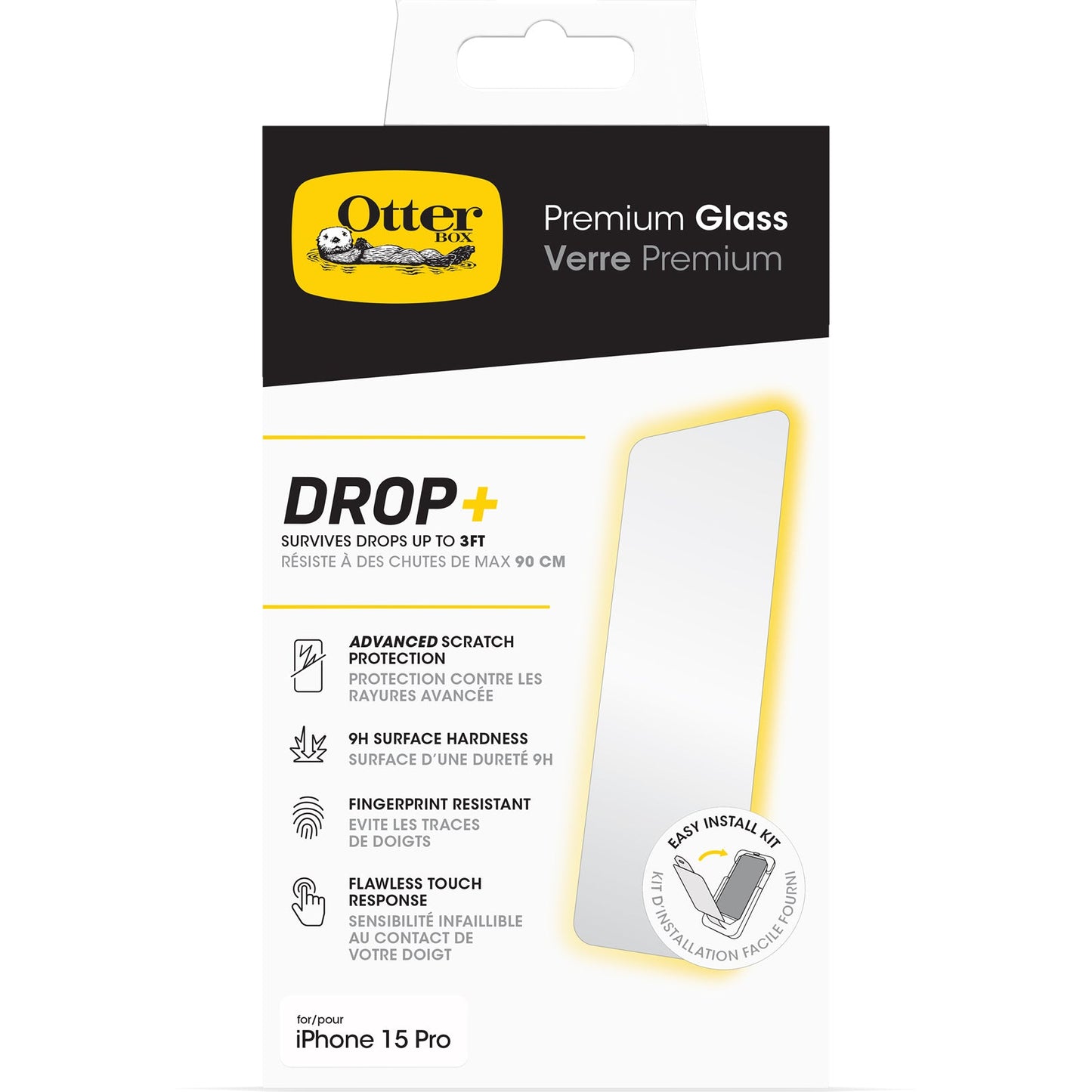 OtterBox iPhone 15 Pro (Only) Premium Glass, antimicrobial, anti-scratch protection, shatter Resistant, crystal clarity