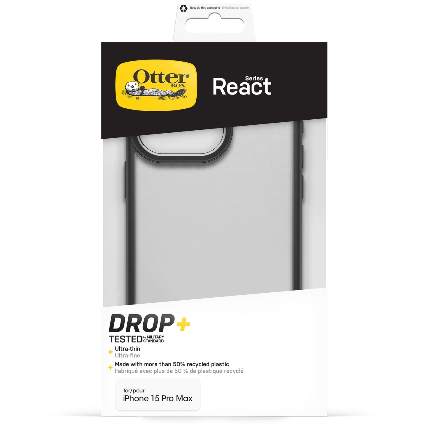 OtterBox React Series Case for iPhone 15 Pro Max , Shockproof, Drop Proof, 3X Tested to Military Standard, Black Crystal